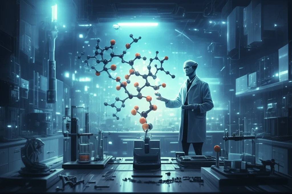 Abstract illustration of indazolone molecules forming in a chemistry lab, symbolizing drug discovery innovation.