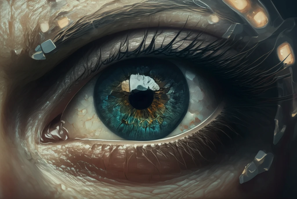 Stylized eye with a crack on cornea, symbolizing risk of ulcer after eye surgery.