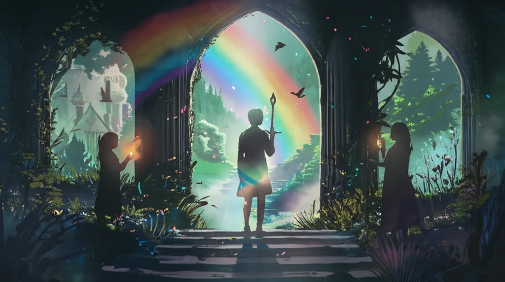 Surreal blend of Middle-earth landscape with subtle symbols of LGBTQ+ pride