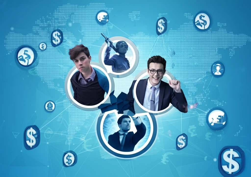 Four distinct figures symbolizing crowdfunding archetypes stand against a digital landscape.