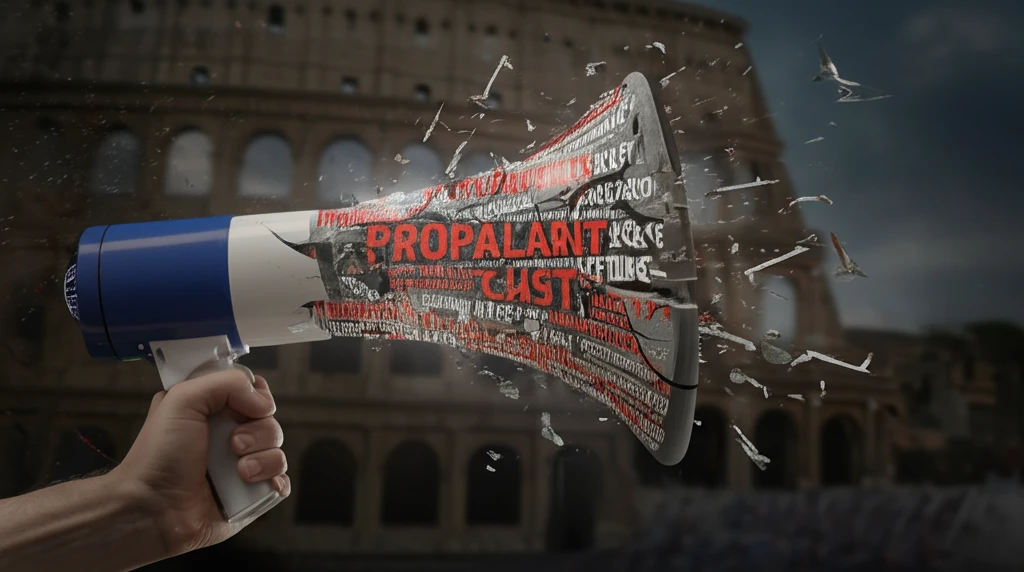 Broken megaphone with swirling words of propaganda turning into weapons.