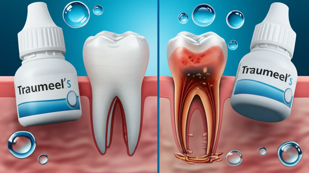 Healthy gums contrasted with inflamed gums, with Traumeel S bottles symbolizing balance and relief.