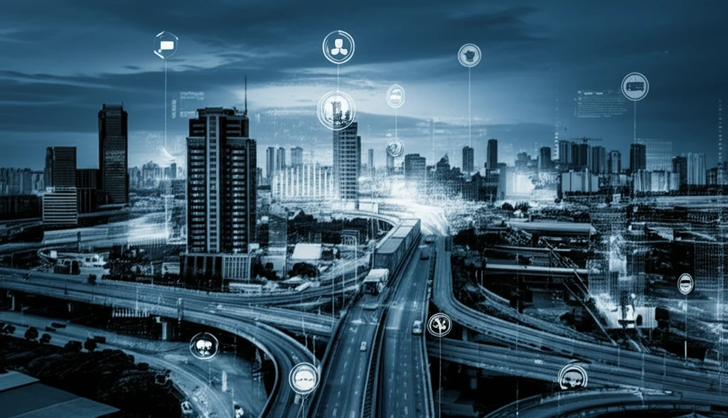 Futuristic logistics platform city with glowing performance indicators.