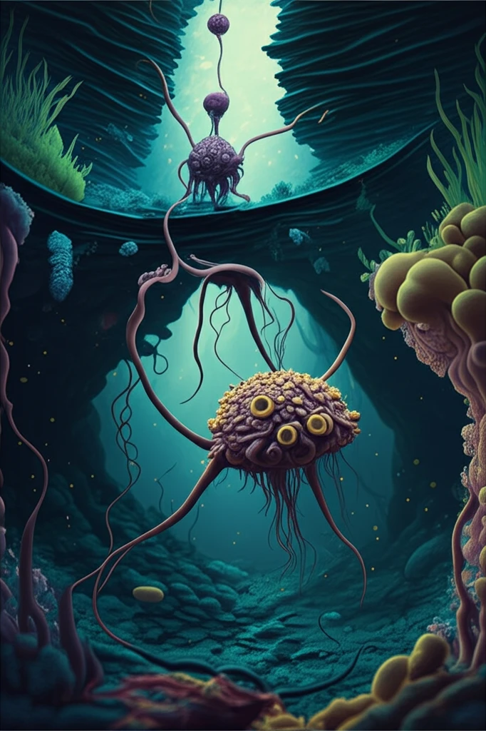 Surreal illustration of a subterranean environment with microbial networks.