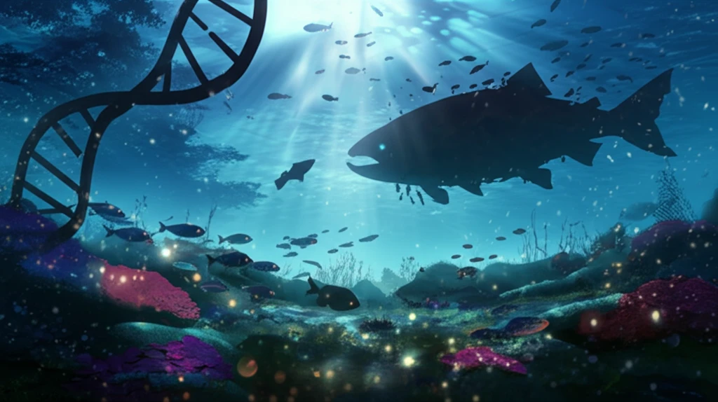 A vibrant river ecosystem with diverse fish species, contrasted against a dark silhouette of an invasive species, symbolizing genetic research and biodiversity preservation.