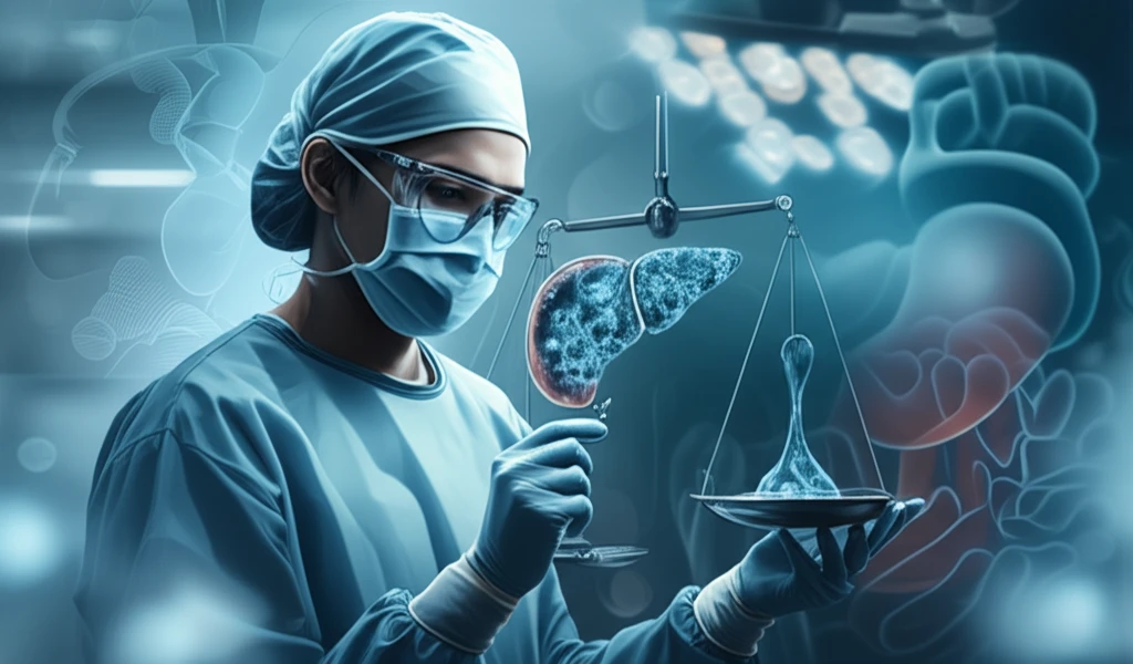 Surreal illustration of a surgeon balancing water droplets, representing precise fluid management in surgery.