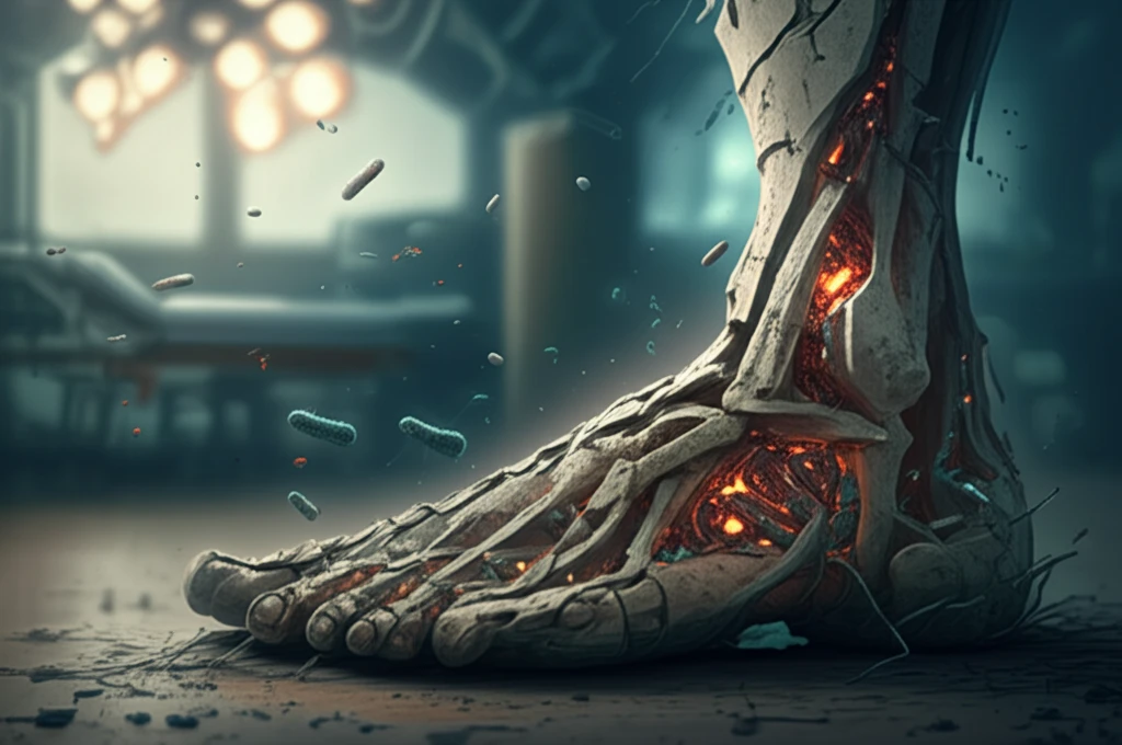 Surreal illustration of a foot turning to stone with glowing bacteria symbolizing diabetic foot ulcer complications.