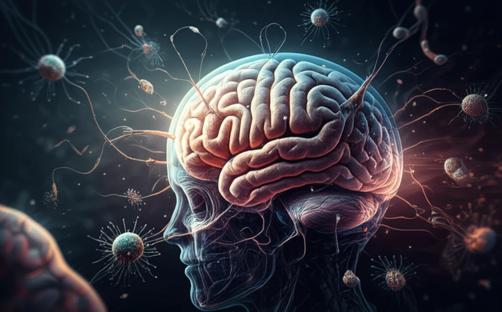 A surreal illustration symbolizing the battle between Acanthamoeba and the brain's immune response.