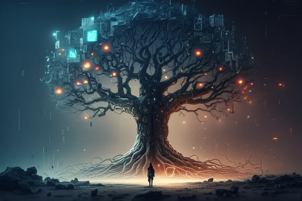 Glowing microchip tree symbolizing technological growth and resilience.