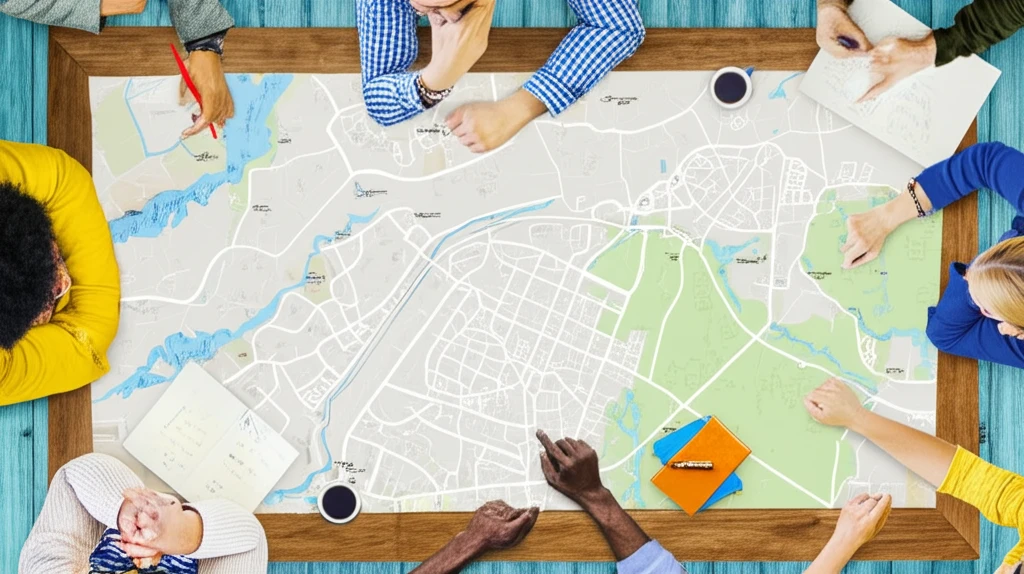 Collaborative environmental planning illustration: Diverse stakeholders working together.