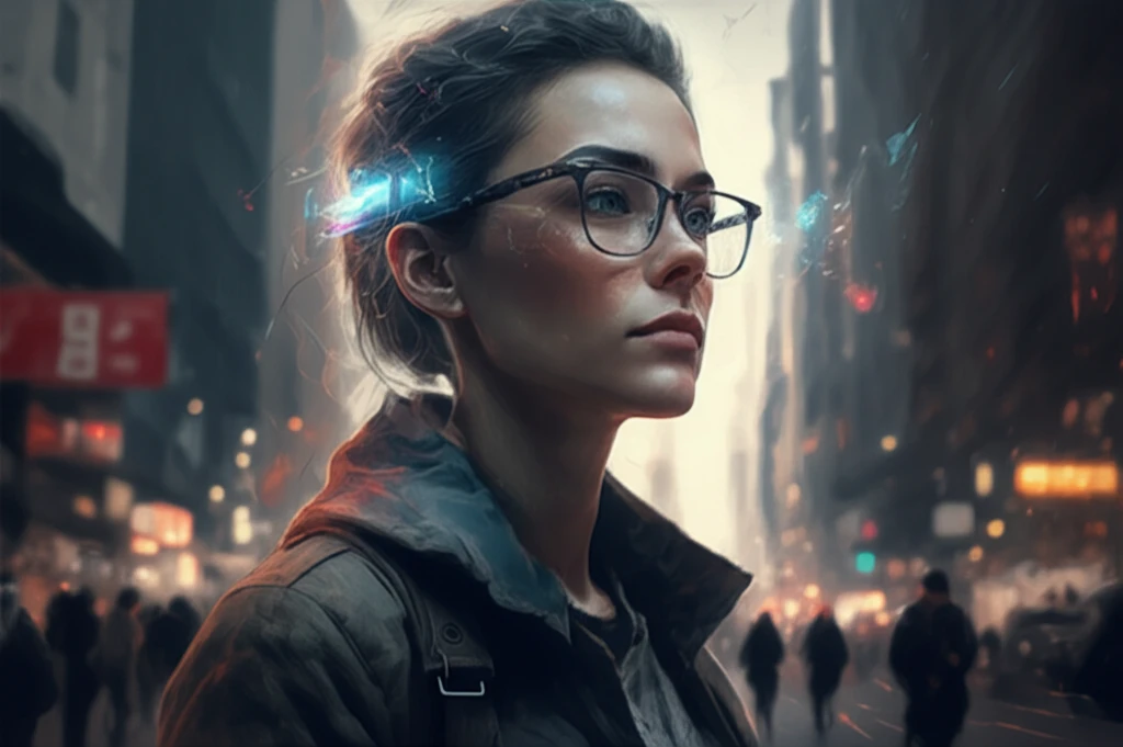 A visually impaired person confidently navigating a city street with smart glasses.