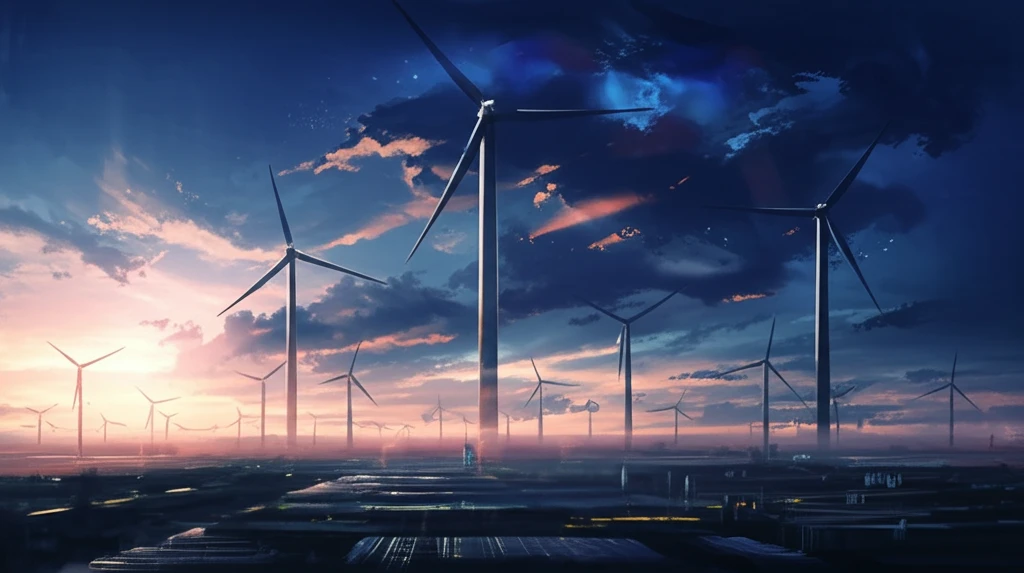 Futuristic Wind Farm: Renewable energy and nature in harmony.