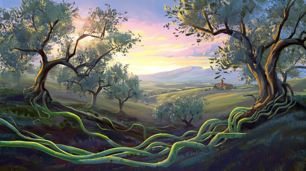 Surreal illustration of Xylella fastidiosa spreading from Costa Rica and California to Italy, impacting olive trees.