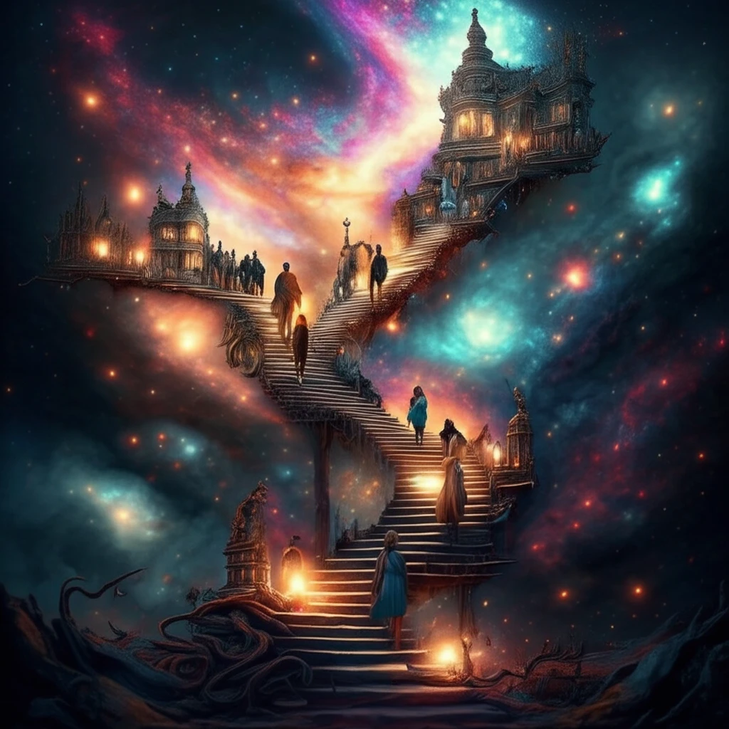A diverse group ascends a staircase towards a swirling galaxy, representing the exploration of new religious movements and spirituality.