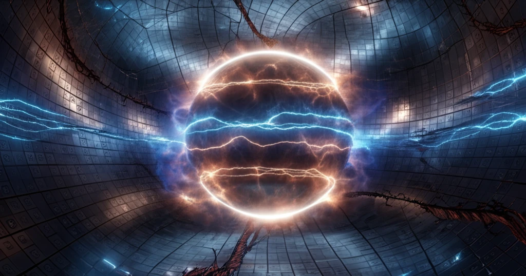 Spherical tokamak with glowing plasma streams and energetic electrons swirling around the central core