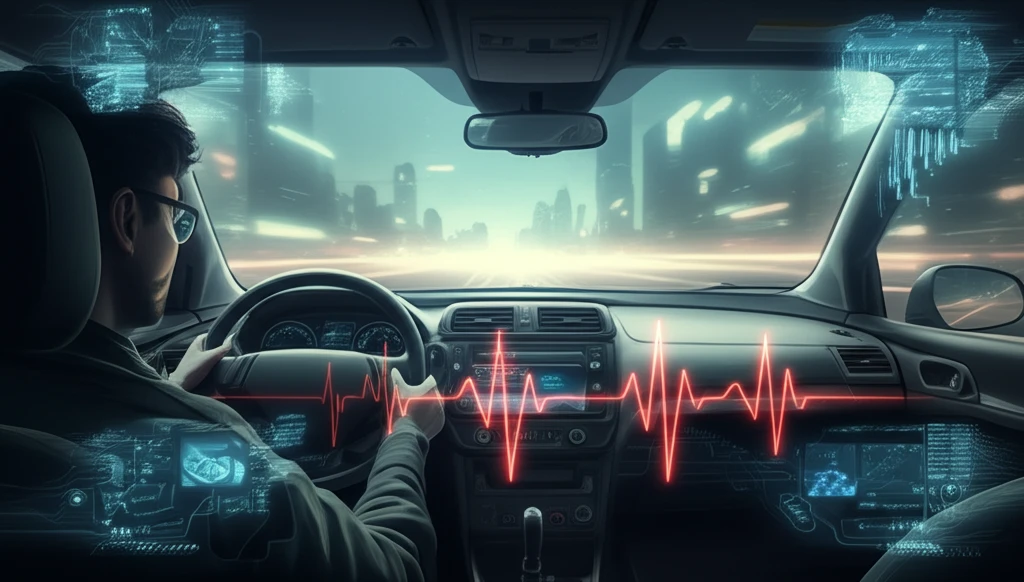 Driver's view in a self-driving car with a heartbeat graphic on the dashboard showing system uncertainty.