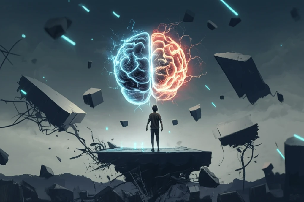 Surreal illustration showing the brain and body's balancing act with a disconnect between neural activity and muscle response.