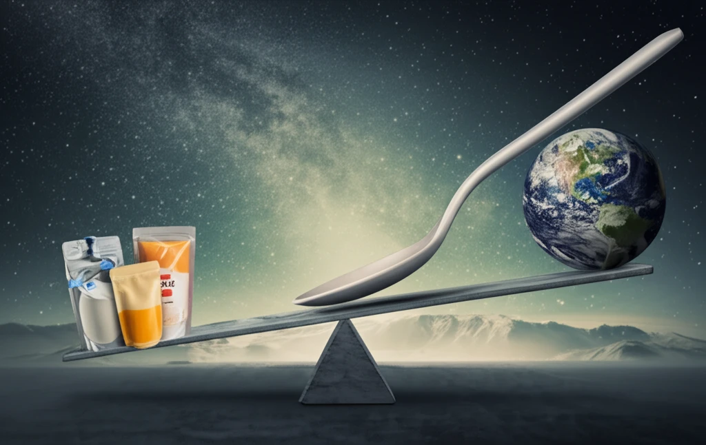 A surreal seesaw balancing baby food and the earth.