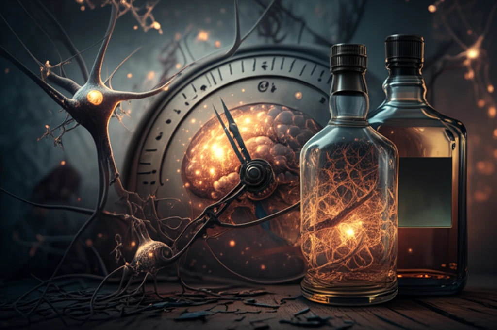 A surreal image of a clock interwoven with neurons and an alcohol bottle, representing the link between circadian rhythms and alcohol dependence.