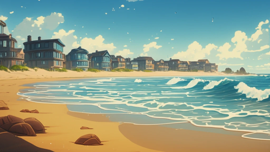 Protected Coastal Property: A serene beach scene with modern homes, symbolizing the positive impact of beach re-nourishment on property values and community well-being.