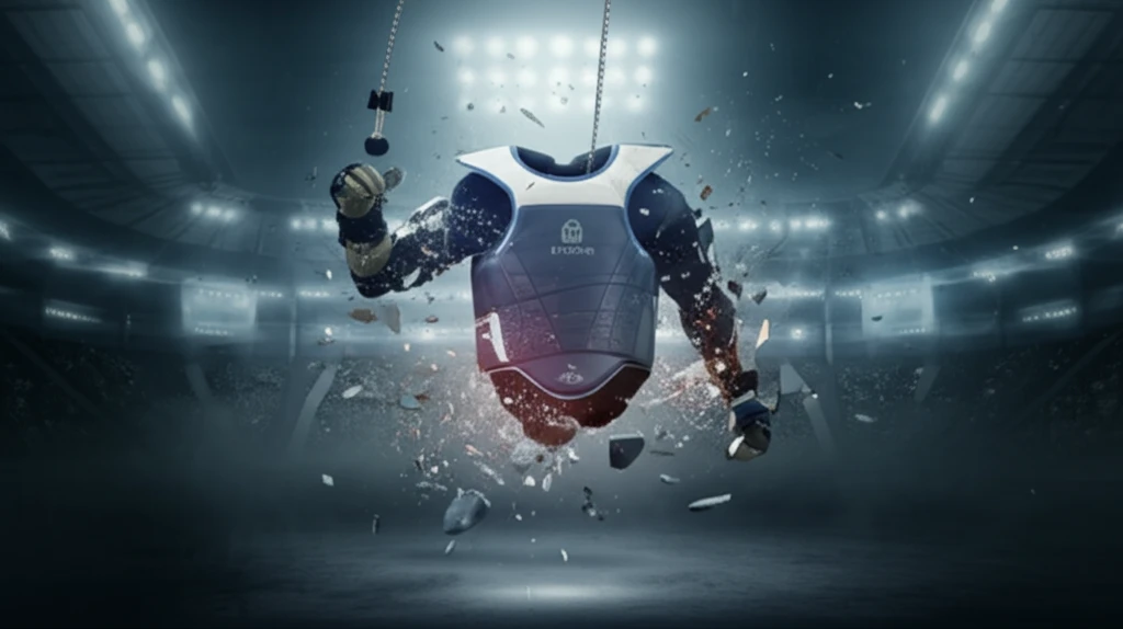 Shattered electronic body protector in a darkened arena symbolizing reliability issues in Taekwondo scoring.