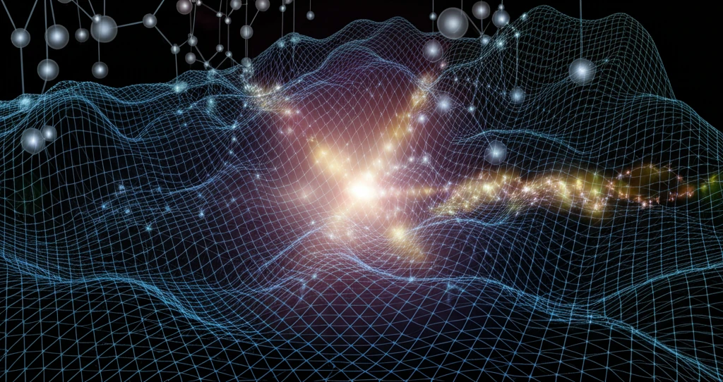 Futuristic landscape featuring glowing polymer chains as near-infrared sensors.