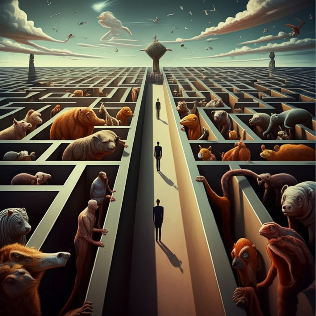 Surreal maze depicting the separation of instinct and human drives.