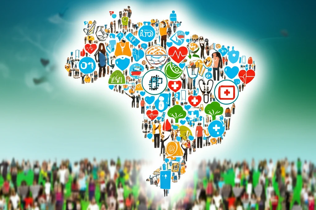 Mosaic map of Brazil made of health symbols, surrounded by people.