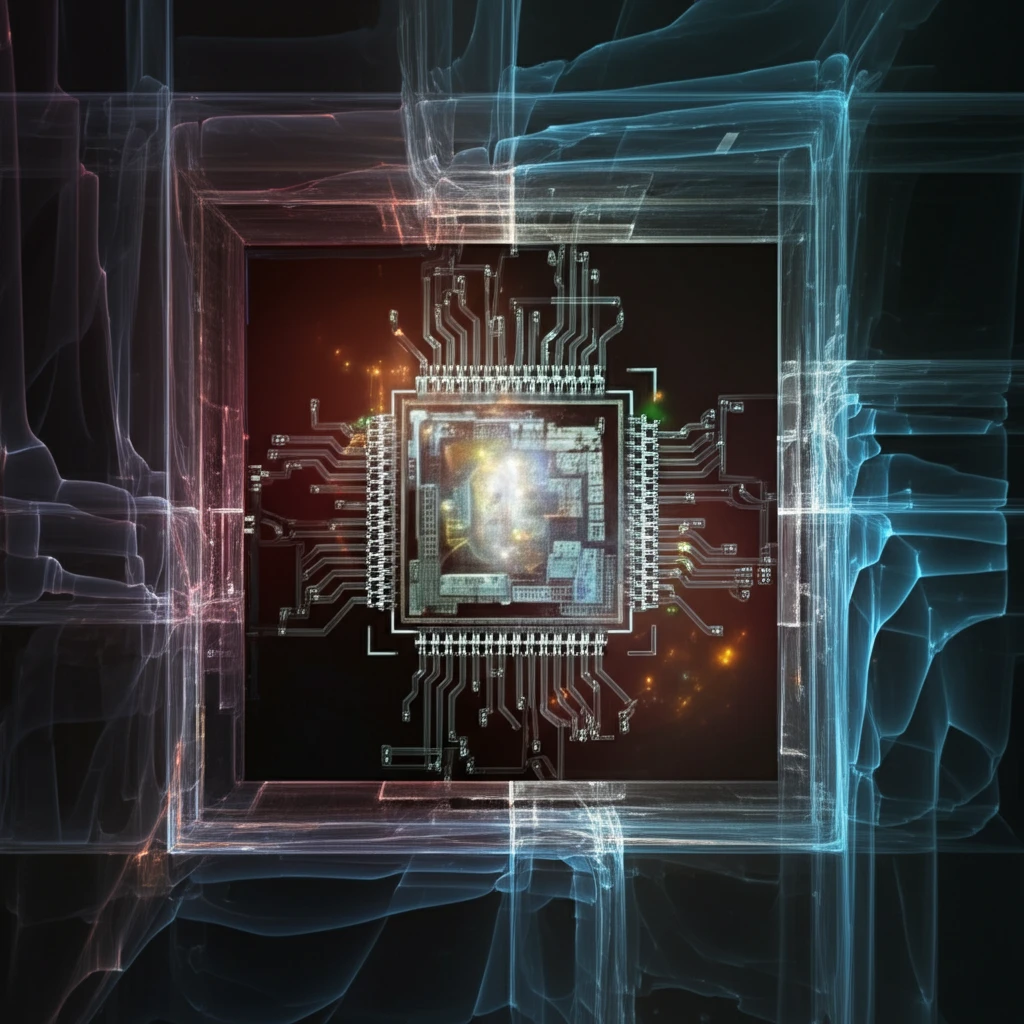 Microchip with ice crystals and heat waves, symbolizing temperature-controlled data flow.