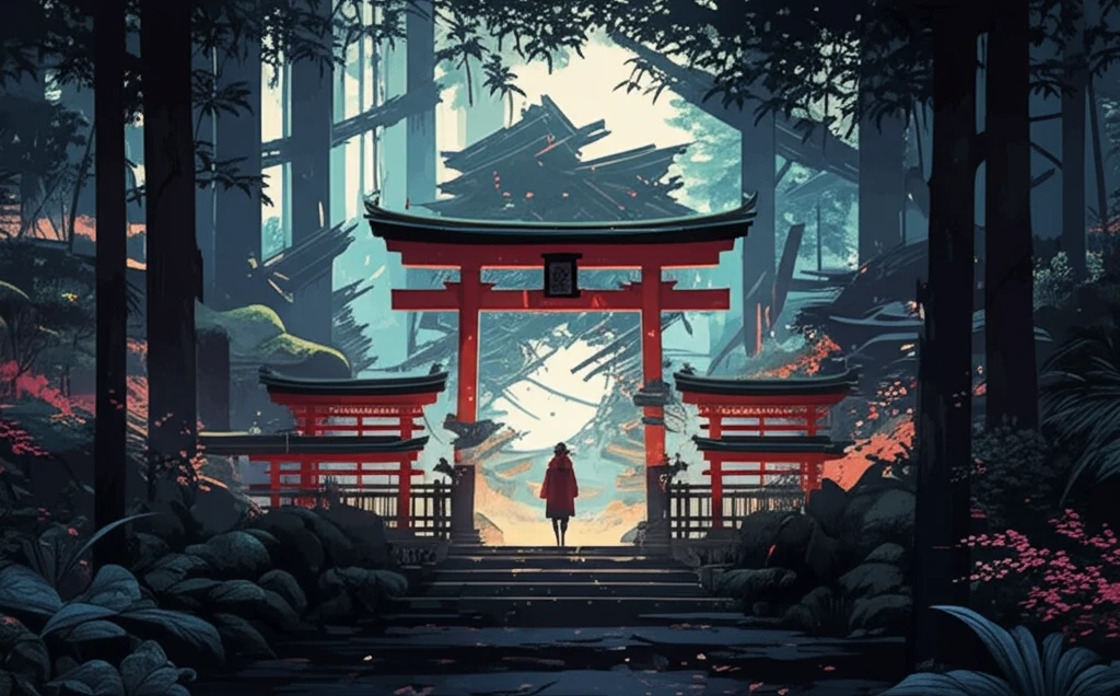 Surreal illustration of Ise Shrine reflecting the intersection of Eastern and Western philosophies.