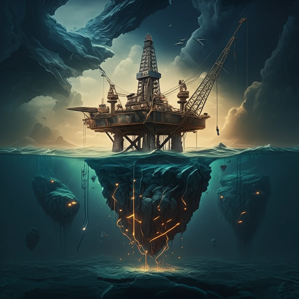 Offshore oil platform connected to a glowing underground oil reservoir.