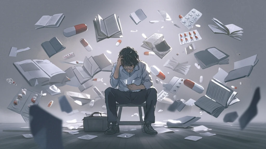 Stressed medical student surrounded by pills and textbooks.