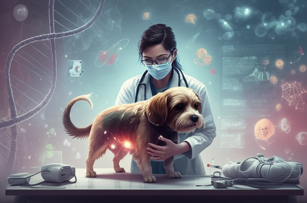 Veterinarian examining a dog for mammary tumors with DNA and anatomical diagrams in the background.