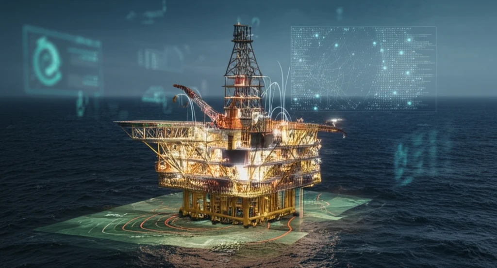 Digital GIS map integrated with oil rig platform, symbolizing enhanced risk management.