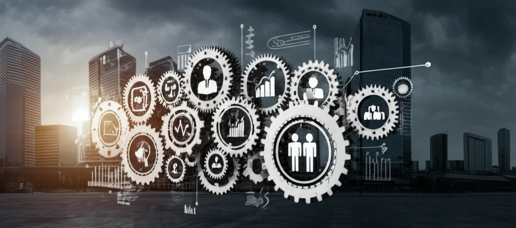 Interconnected gears forming a university campus, symbolizing higher education policy reform.