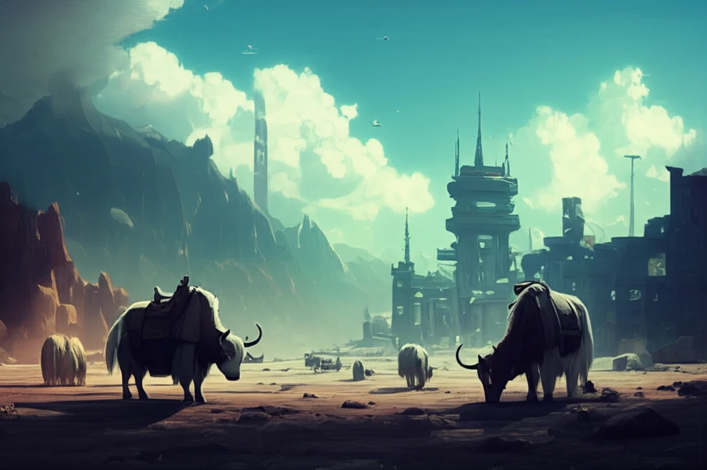 Surreal Tibetan landscape balancing traditional life with modern development.