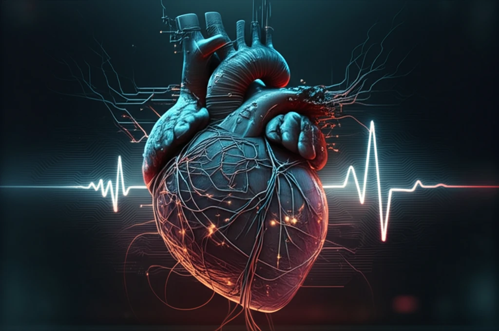 Heart interwoven with electrical circuits, representing electrophysiology.