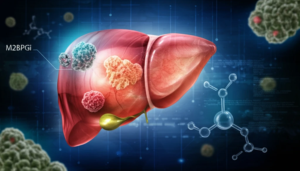 Surreal illustration showing the progression of liver cancer with M2BPGi molecules indicating risk assessment.