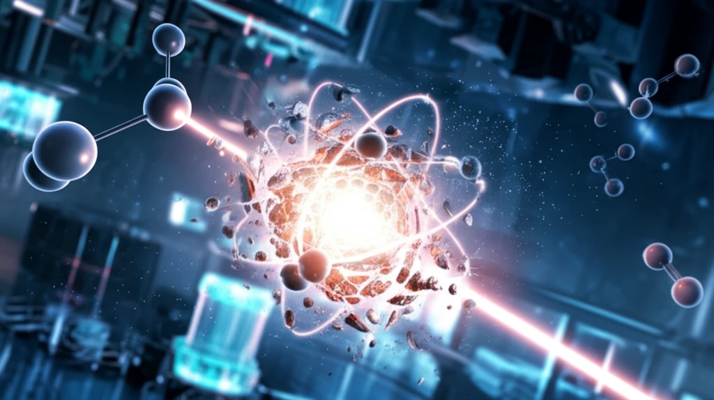 A surreal illustration of a molecule exploding under a laser beam, symbolizing the power of laser technology in molecular chemistry.