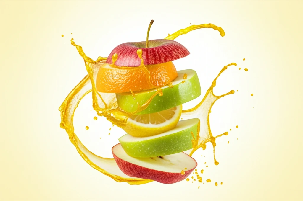 A colorful stack of sliced fruits with juice splashing, representing the diverse sensory elements of food and beverage products.