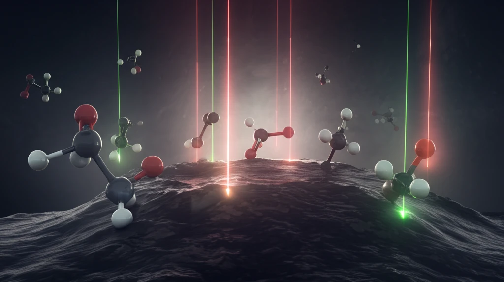 Surreal digital illustration of methanol molecules reacting under laser light on a copper surface.