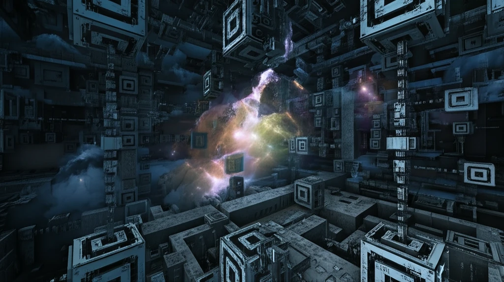 Surreal interconnected mathematical landscapes with glowing logarithmic structures.