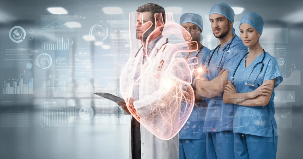 A Heart Team collaboratively examining a heart.