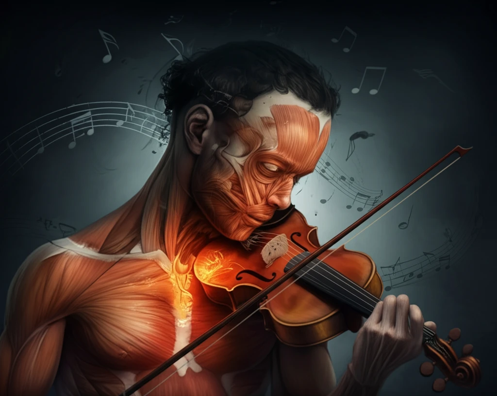 Surreal illustration of violinist with stress in jaw and shoulder.