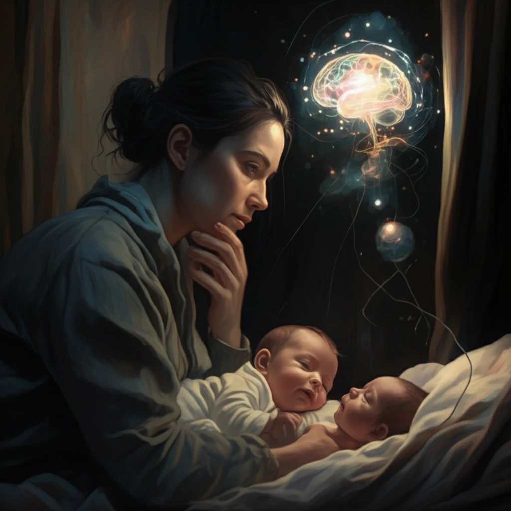 A parent thoughtfully observes their baby, connected by glowing lines of understanding.
