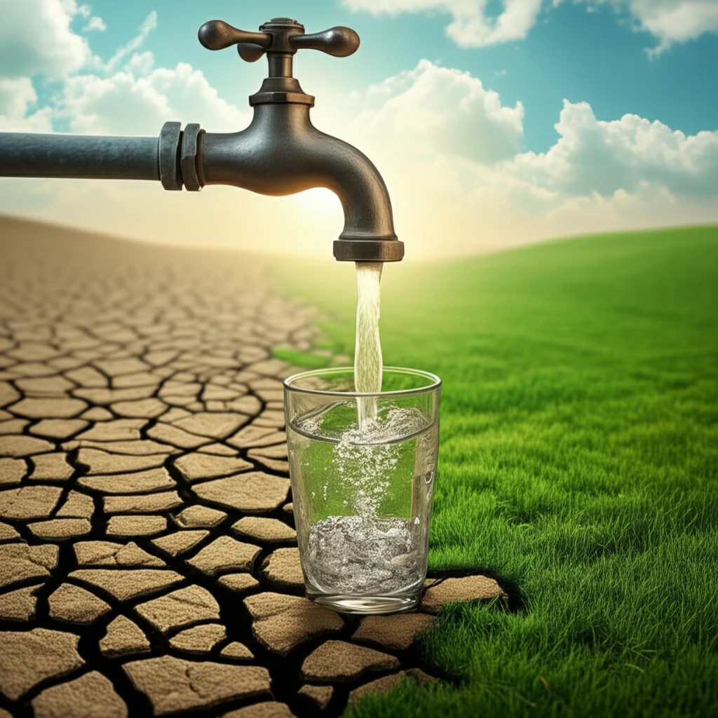Illustration of water transforming desert landscape.