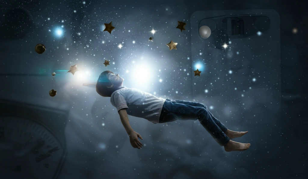 Child floating peacefully, medical chart with weight scale