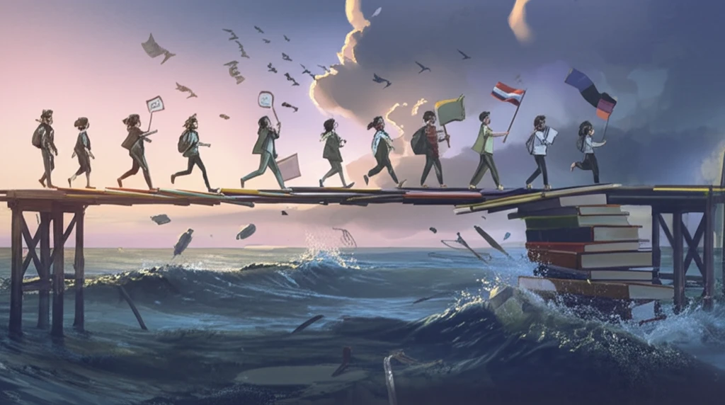 Students building a book bridge over a stormy sea, symbolizing international education as a path to unity.