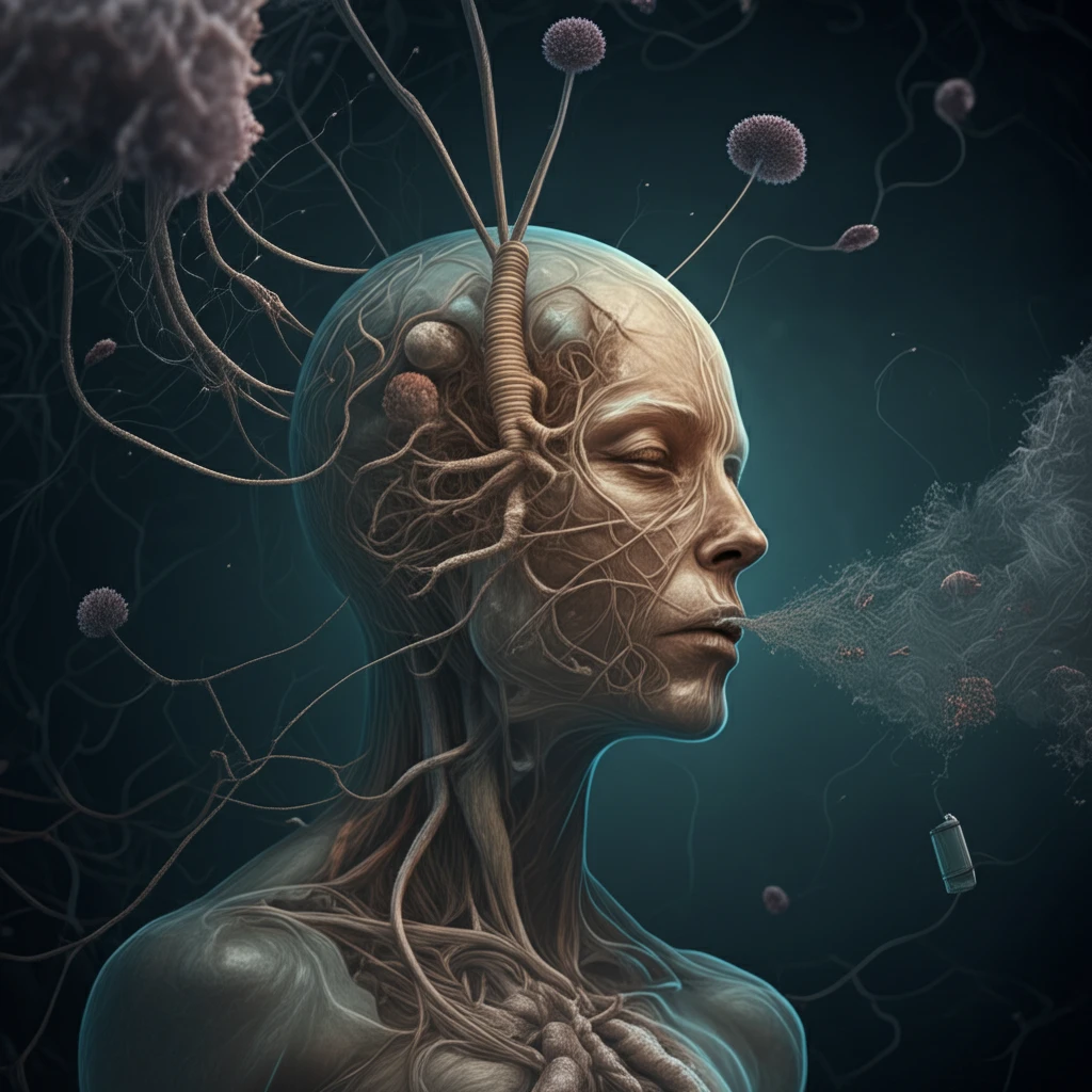 Surreal illustration of lung intertwined with fungal threads, representing the balance of lung health.