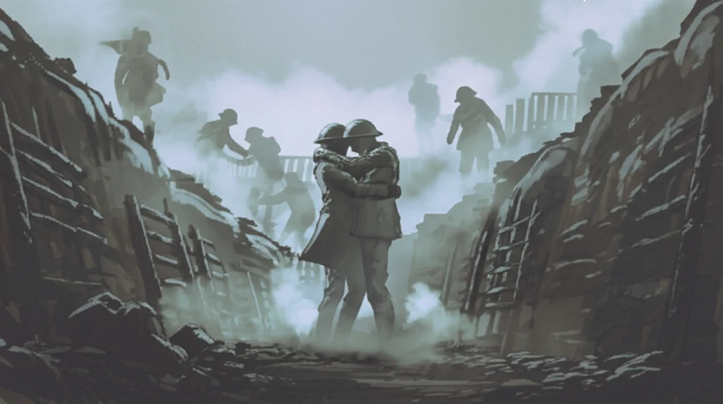 Surreal illustration of a WWI trench with ghostly figures embracing, symbolizing queer intimacy and war.